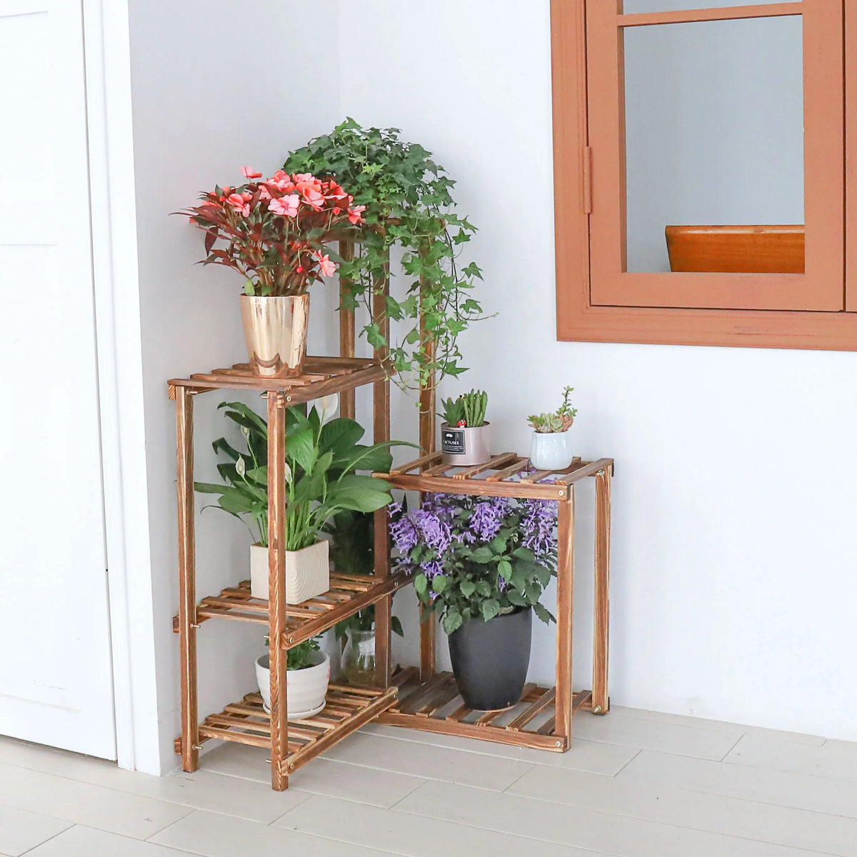Corner Garden Plant Stand Wood Multi-Tiered Flower Display Rack Shelf