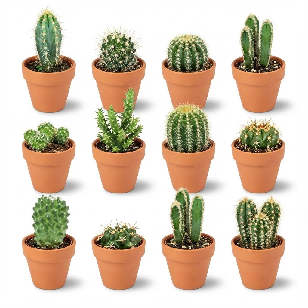Mini Kakteen Mix – 12 Pflanzen – Ø8,1cm Terrakottatöpfe – Höhe 5–10cm – Pflegeleichte Zimmerpflanzen – Kakteen Set für Fensterbank Büro & Wohnraum