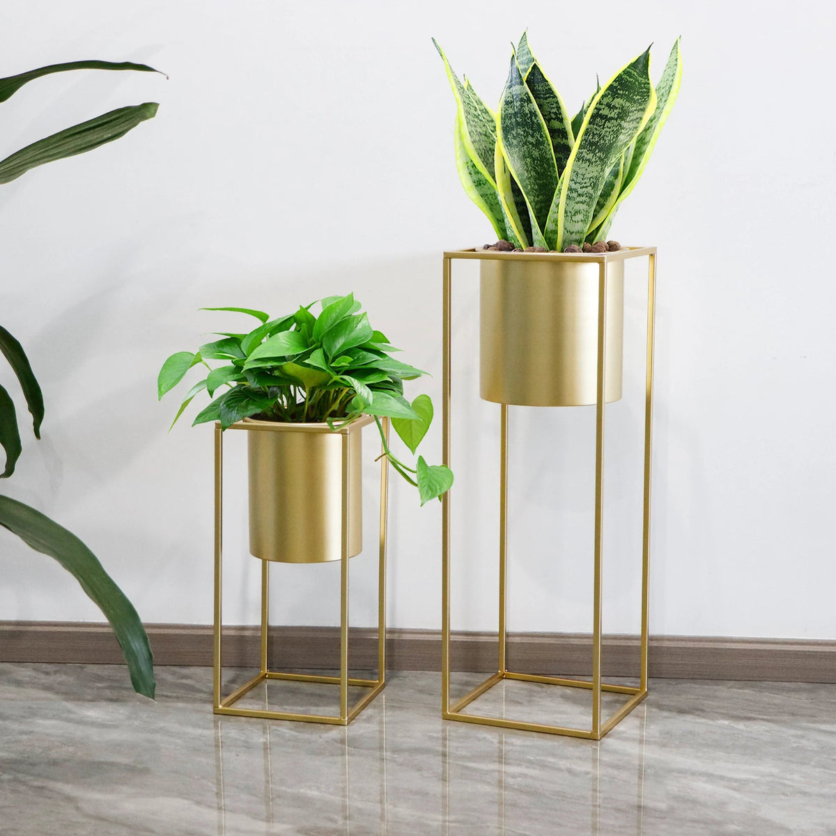 Blumenständer Set 2 Stück Metall Gold – Pflanzständer modern quadratisch für Blumentöpfe 21x45cm & 25x70cm – Pflanzenhalter Indoor für Wohnzimmer, Balkon & Events 