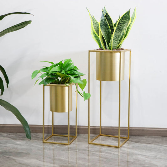Blumenständer Set 2 Stück Metall Gold – Pflanzständer modern quadratisch für Blumentöpfe 21x45cm & 25x70cm – Pflanzenhalter Indoor für Wohnzimmer, Balkon & Events 