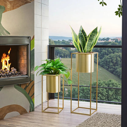 Blumenständer Set 2 Stück Metall Gold – Pflanzständer modern quadratisch für Blumentöpfe 21x45cm & 25x70cm – Pflanzenhalter Indoor für Wohnzimmer, Balkon & Events 