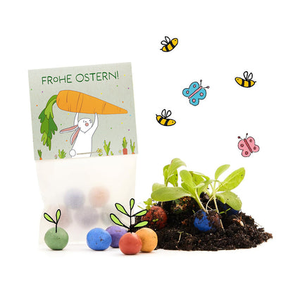 10x5 Blumenmurmeln im Tütchen "Hase mit Möhren" 