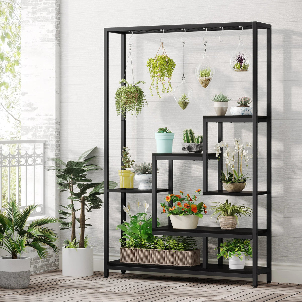 Tribesigns 5 Tiers Tall Indoor Plant Stand 70.9 inches Large Metal Plant Shelf with 10 PC S Hanging Hooks for Garden 