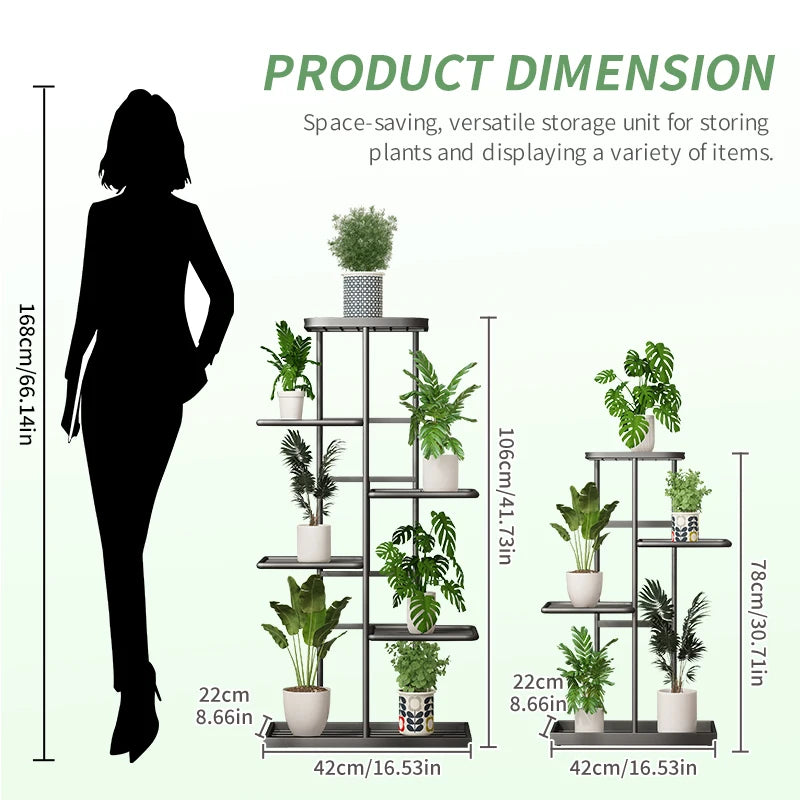 Pflanzenregal Metall schwarz mit 6/7/8 Ebenen – Blumenständer Eisen Pflanzständer für drinnen & draußen – Pflanzenhalter Regal für Garten, Balkon & Wohnzimmer 