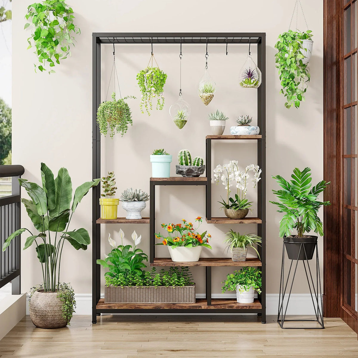 Tribesigns 5 Tiers Tall Indoor Plant Stand 70.9 inches Large Metal Plant Shelf with 10 PC S Hanging Hooks for Garden 