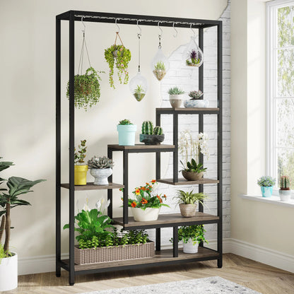 Tribesigns 5 Tiers Tall Indoor Plant Stand 70.9 inches Large Metal Plant Shelf with 10 PC S Hanging Hooks for Garden 
