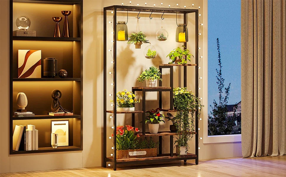 Tribesigns 5 Tiers Tall Indoor Plant Stand 70.9 inches Large Metal Plant Shelf with 10 PC S Hanging Hooks for Garden 