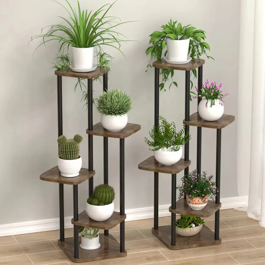 Pflanzenregal Metall schwarz mit 6/7/8 Ebenen – Blumenständer Eisen Pflanzständer für drinnen & draußen – Pflanzenhalter Regal für Garten, Balkon & Wohnzimmer 