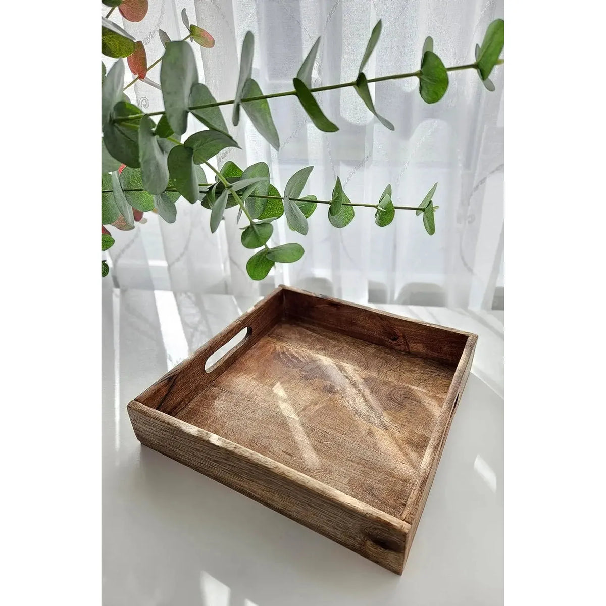 Serviertablett Dekotablett Mangoholz braun Natur Massiv Griff Schale eckig Holz 