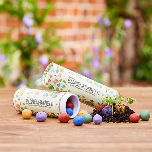 Dose mit 25 bunten Blumenmurmeln 