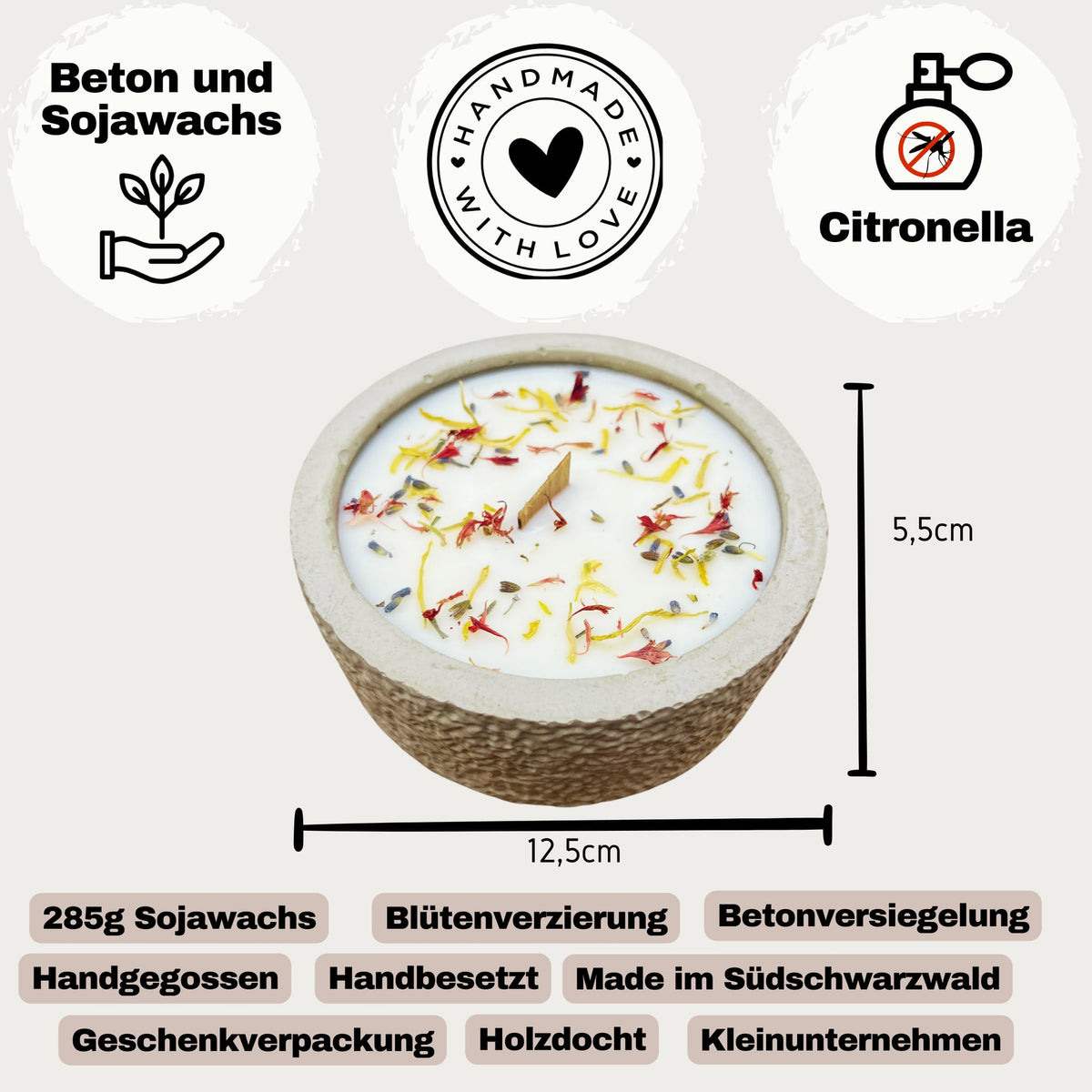 Outdoor Citronella-Betonkerzenset  „Grey - Mugge Schreck“ – Handgemachter Insektenschutz aus dem Südschwarzwald mit Blütenverzierung  3x Betonkerzen im Set 