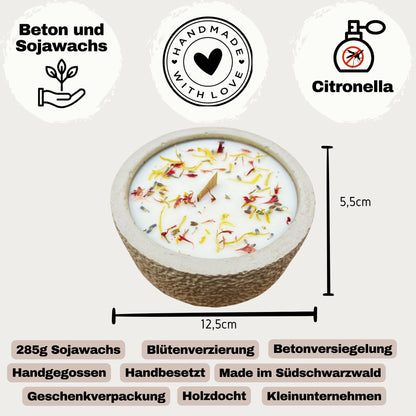 Outdoor Citronella-Betonkerzenset  „Grey - Mugge Schreck“ – Handgemachter Insektenschutz aus dem Südschwarzwald mit Blütenverzierung  3x Betonkerzen im Set 