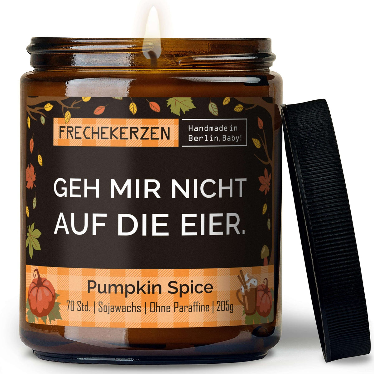 Duftkerze mit Deckel und Spruch „geh mir nicht auf die eier“ – Lustige Kerze im Glas – Humorvolle Geschenkidee & freche Deko