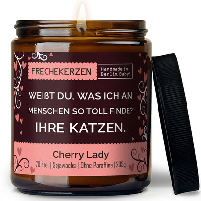 Lustige Duftkerze mit Spruch „weißt du, was ich an menschen so toll finde? ihre katzen.“ – Kerze im Glas für Katzenfans – Humorvolle Geschenkidee