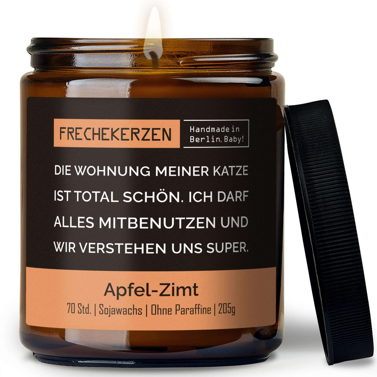 Geschenkkerze mit Spruch „die wohnung meiner katze ist total schön…“ – Lustige Duftkerze im Glas für Katzenfreunde – Humorvolle Wohnungs Deko