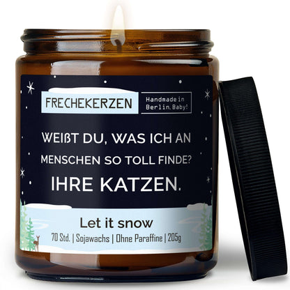 Lustige Duftkerze mit Spruch „weißt du, was ich an menschen so toll finde? ihre katzen.“ – Kerze im Glas für Katzenfans – Humorvolle Geschenkidee