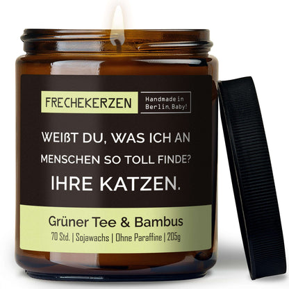 Lustige Duftkerze mit Spruch „weißt du, was ich an menschen so toll finde? ihre katzen.“ – Kerze im Glas für Katzenfans – Humorvolle Geschenkidee