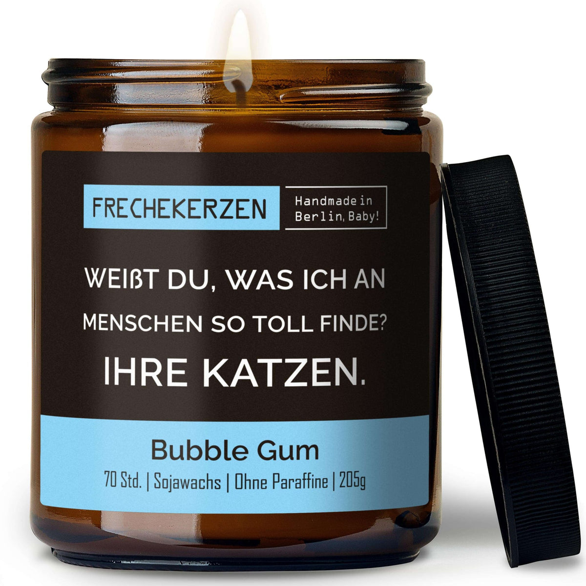 Lustige Duftkerze mit Spruch „weißt du, was ich an menschen so toll finde? ihre katzen.“ – Kerze im Glas für Katzenfans – Humorvolle Geschenkidee