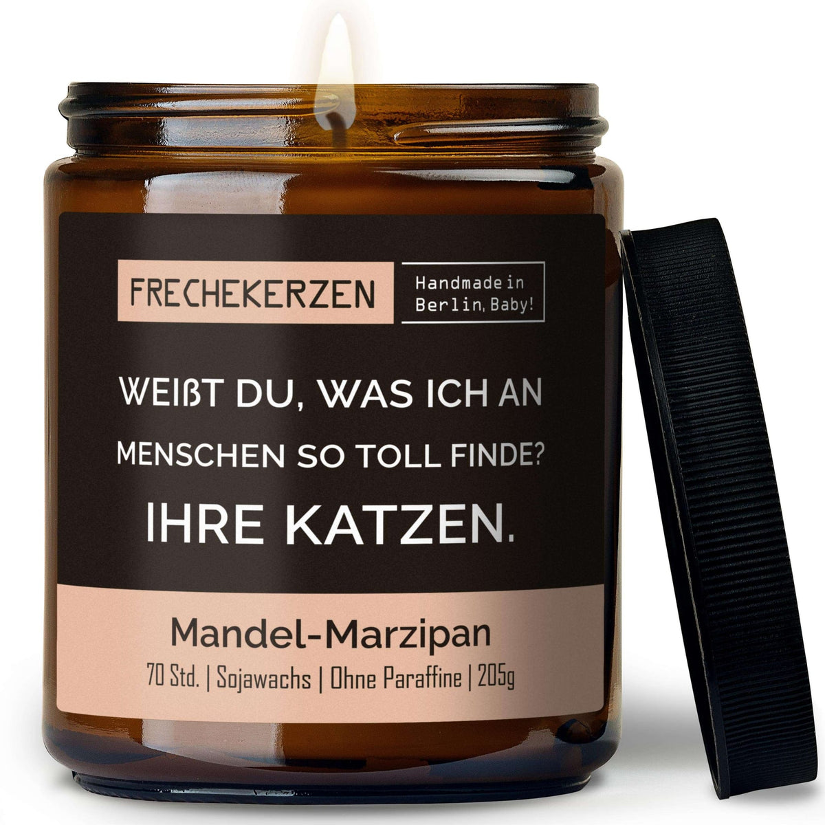 Lustige Duftkerze mit Spruch „weißt du, was ich an menschen so toll finde? ihre katzen.“ – Kerze im Glas für Katzenfans – Humorvolle Geschenkidee