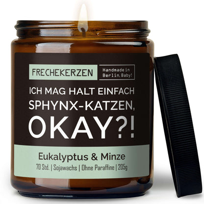 Duftkerze mit Spruch „ich mag halt einfach sphynx-katzen, okay?!“ – Lustige Kerze im Glas für Katzenfans – Originelle Geschenkidee & Deko