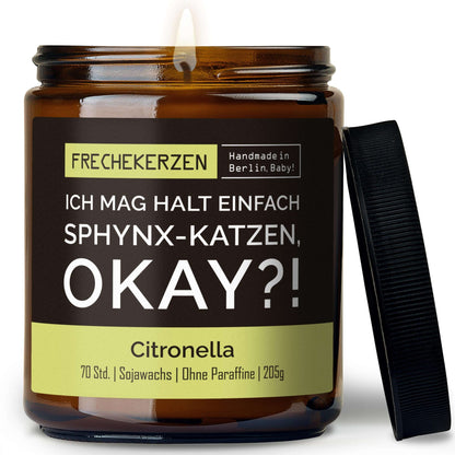Duftkerze mit Spruch „ich mag halt einfach sphynx-katzen, okay?!“ – Lustige Kerze im Glas für Katzenfans – Originelle Geschenkidee & Deko