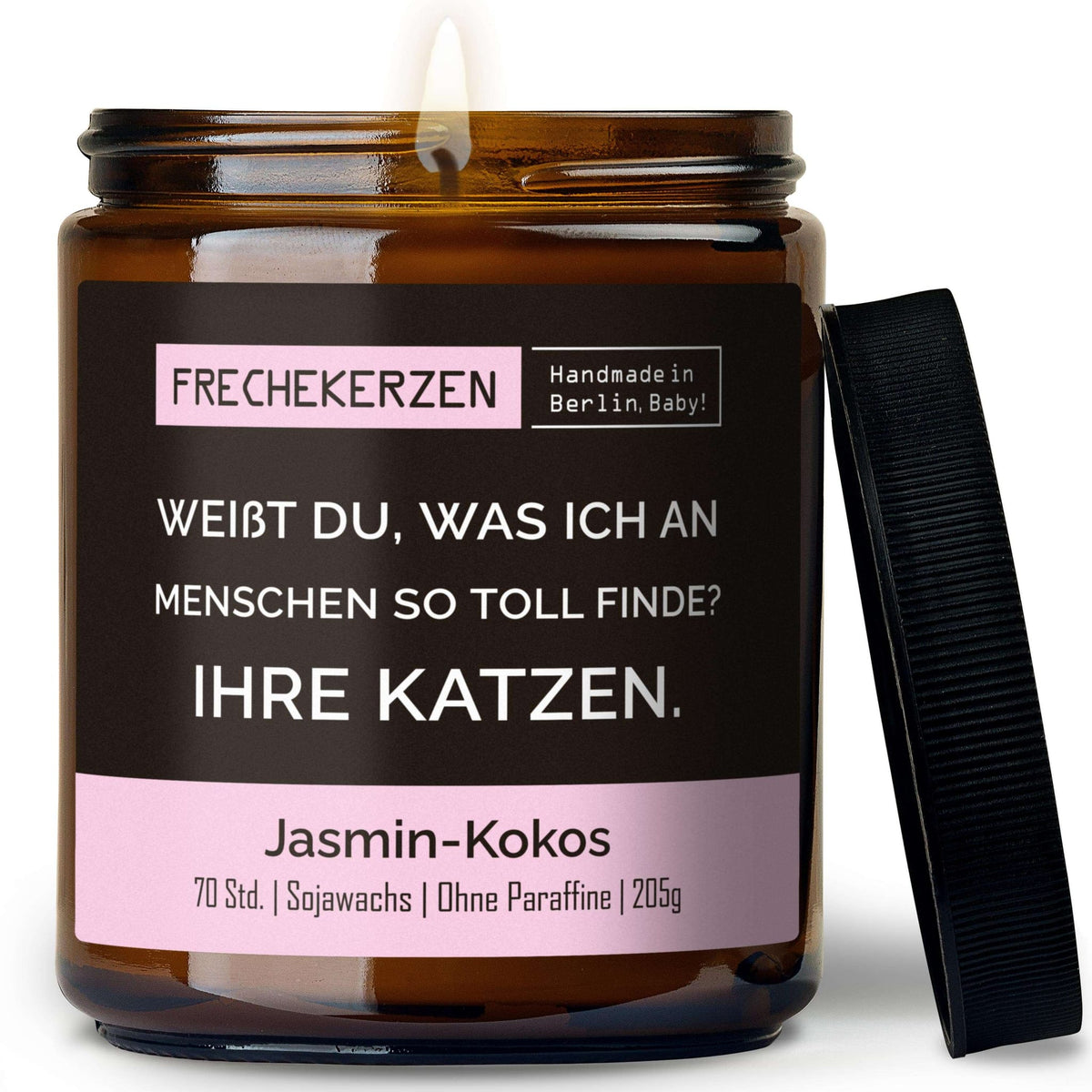 Lustige Duftkerze mit Spruch „weißt du, was ich an menschen so toll finde? ihre katzen.“ – Kerze im Glas für Katzenfans – Humorvolle Geschenkidee