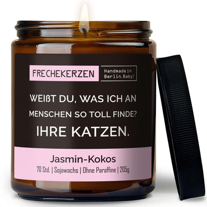 Lustige Duftkerze mit Spruch „weißt du, was ich an menschen so toll finde? ihre katzen.“ – Kerze im Glas für Katzenfans – Humorvolle Geschenkidee