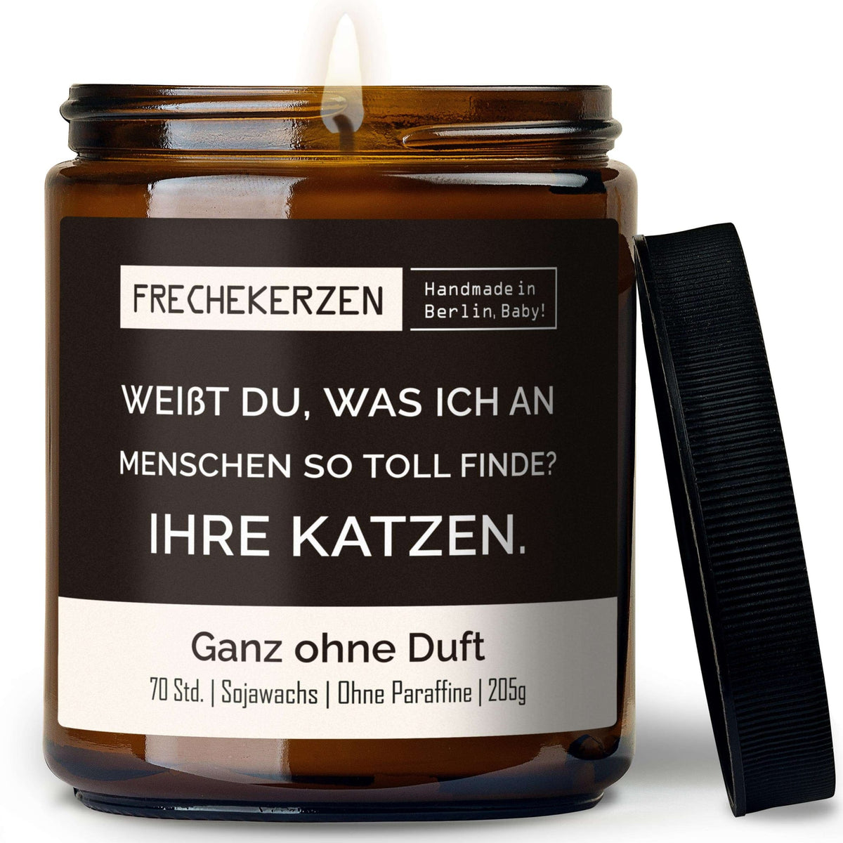 Lustige Duftkerze mit Spruch „weißt du, was ich an menschen so toll finde? ihre katzen.“ – Kerze im Glas für Katzenfans – Humorvolle Geschenkidee