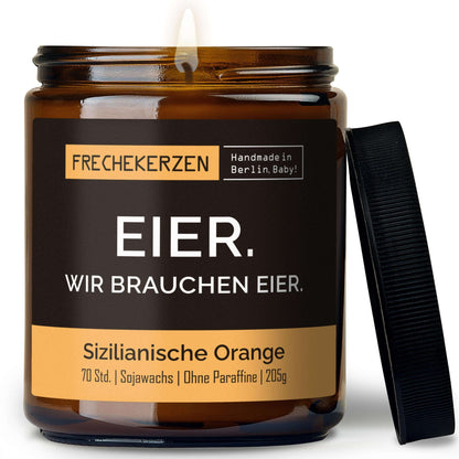 Freche Duftkerze mit Spruch „eier. wir brauchen eier.“ – Lustige Kerze im Glas – Humorvolle Oster Geschenkidee & moderne Deko