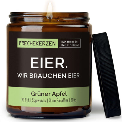 Freche Duftkerze mit Spruch „eier. wir brauchen eier.“ – Lustige Kerze im Glas – Humorvolle Oster Geschenkidee & moderne Deko