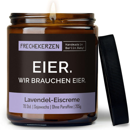 Freche Duftkerze mit Spruch „eier. wir brauchen eier.“ – Lustige Kerze im Glas – Humorvolle Oster Geschenkidee & moderne Deko