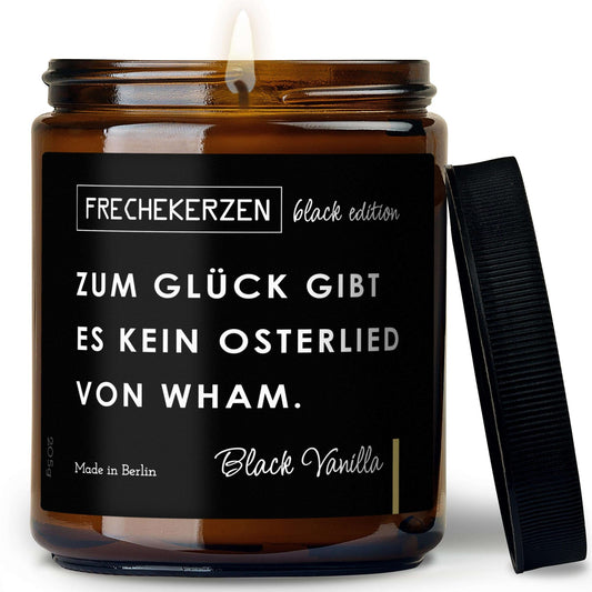 Duftkerze Black Edition mit Spruch „zum glück gibt es kein osterlied von wham.“ – Lustige Kerze im Glas – Humorvolle Oster Geschenkidee & Deko