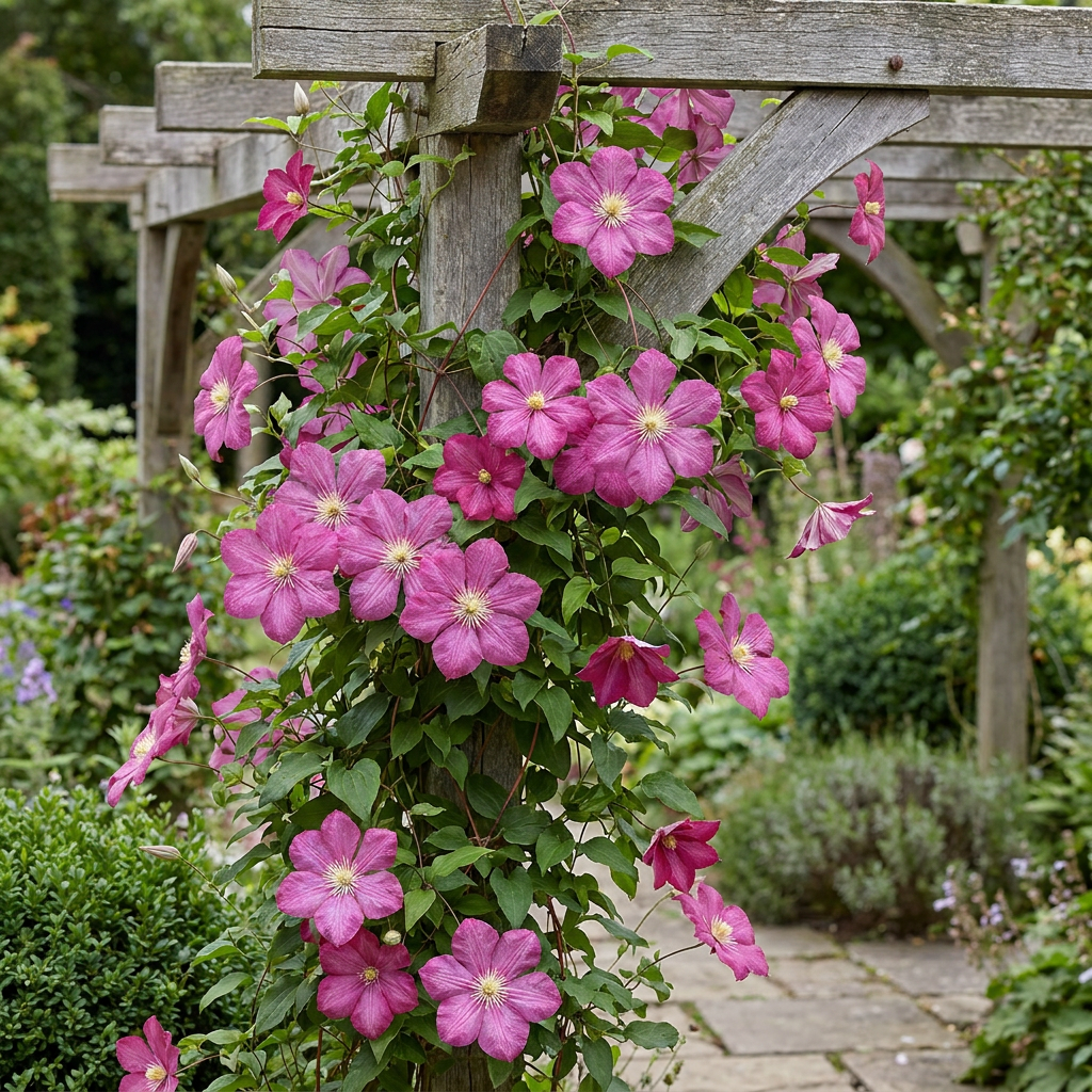 Clematis 'Ville de Lyon' (großblumig) – Rot, Ø9cm, ↕35cm – Ansicht 4