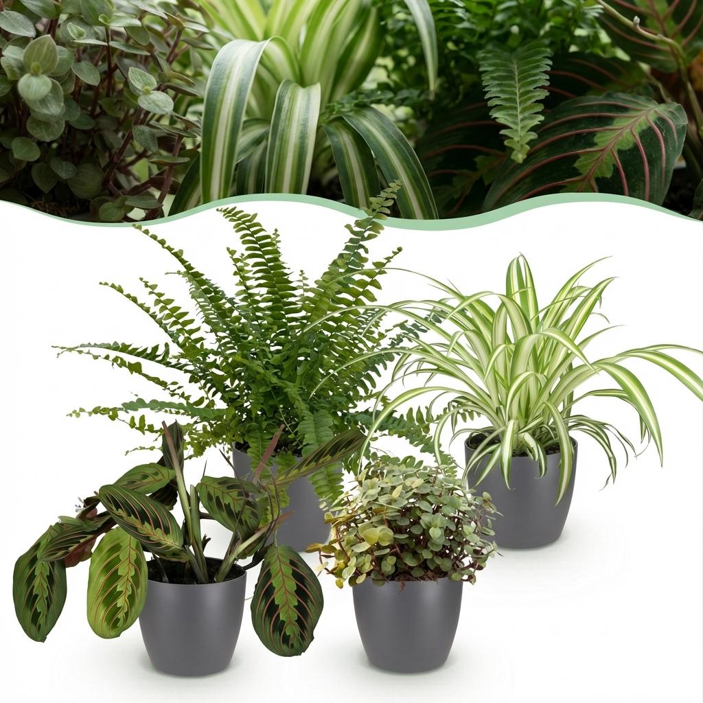 Green boutiQ - Zimmerpflanze - Chlorophytum - Maranta - Calissia - Nephrolepsis - Mix aus 4 - Haustierfreundliche Pflanzen - Grün - 4 Pflanzen - mit Potter Grau - Topf 12cm - Höhe 25cm 
