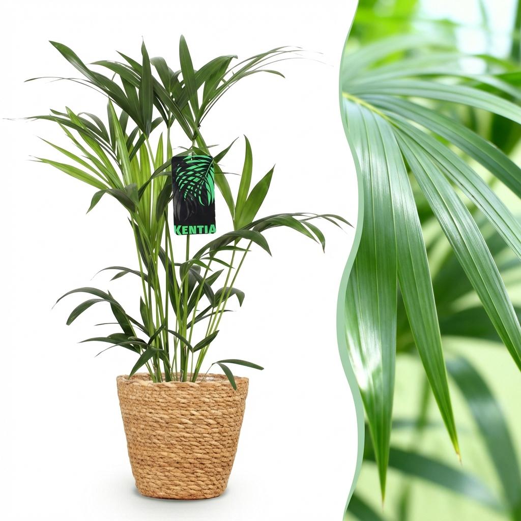 Green boutiQ - Zimmerpflanze - Howea Forsteriana - Kentia Palme - Wenig Pflege - Grün - 1 Pflanze - mit Korb - Topf 19cm - Höhe 80-85cm 