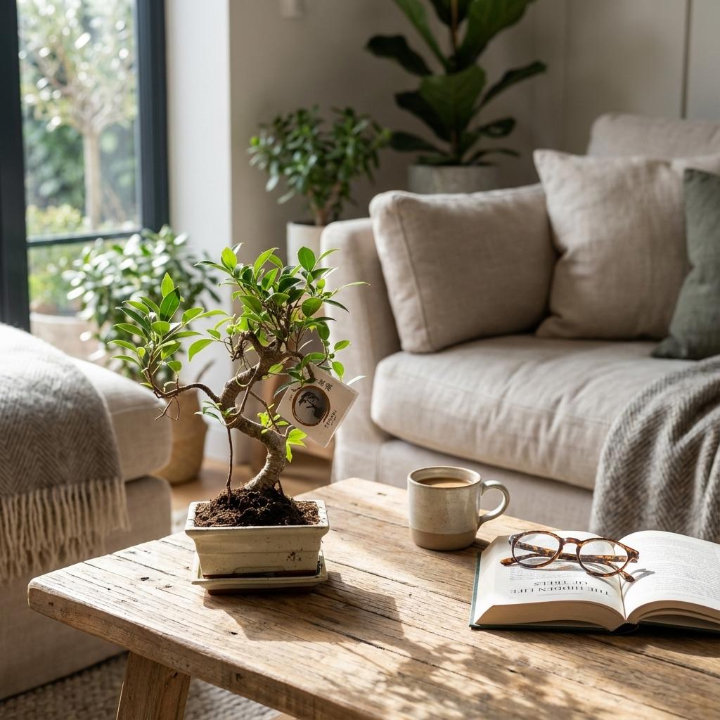 Bonsai Baum Ø15cm Höhe 30–35cm – Klassischer Miniaturbaum mit geschwungenem Stamm – In edler Keramikschale – Dekorative Zimmerpflanze 