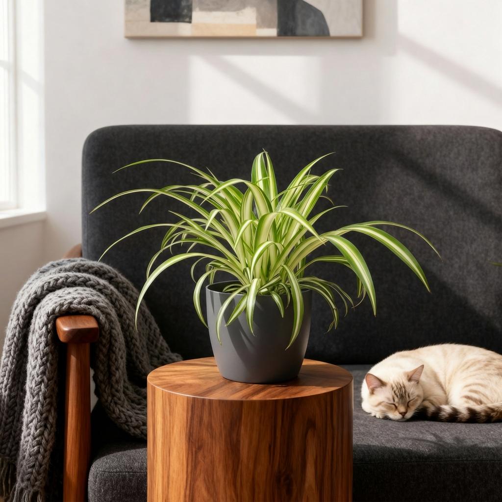 Green boutiQ - Zimmerpflanze - Chlorophytum comosum Variegatum - Bunte Graslilie - Haustierfreundliche Pflanze - Grün - 1 Pflanze - mit Potter Grau - Topf 12cm - Höhe 20cm 
