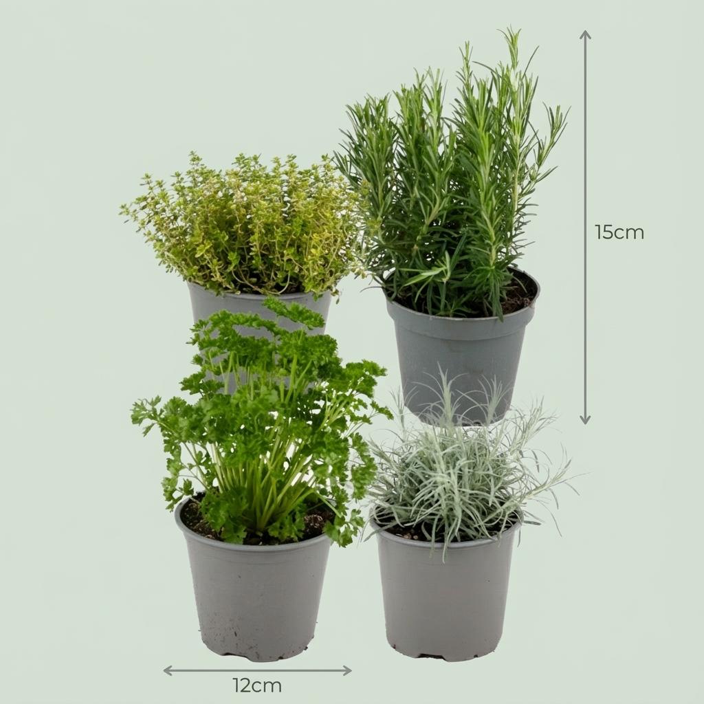 Kräutermischung – 4 Pflanzen – Ø12cm – Höhe 12–15cm – Basilikum Oregano Thymian Rosmarin Mix – Frische Küchenkräuter für Balkon Terrasse & Innenbereich 