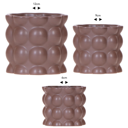 Cotton Braun Übertopf Set 3er – Ø6cm Ø9cm Ø12cm – braune Keramik Übertöpfe im Bubble Design – Dekotöpfe für Orchideen & Zimmerpflanzen – warmer Naturlook für Fensterbank & Regal 
