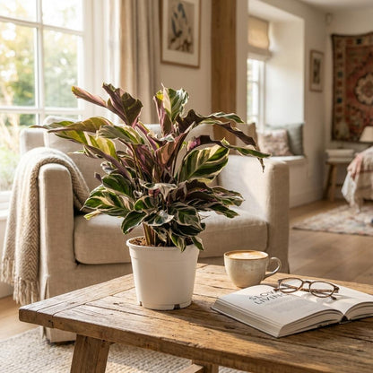 Korbmarante Calathea Fusion White Ø14cm Höhe 35–40cm – Seltene Gebetspflanze mit weißen & lila Blättern – Exklusive Zimmerpflanze für Wohnraum 