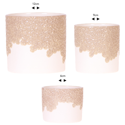 Bloom Sand Übertopf Set 3er – Ø6cm Ø9cm Ø12cm – sandfarbene Keramik Übertöpfe mit Relief – Dekotöpfe für Orchideen & Zimmerpflanzen – warmes Naturton Set für Fensterbank & Regal 