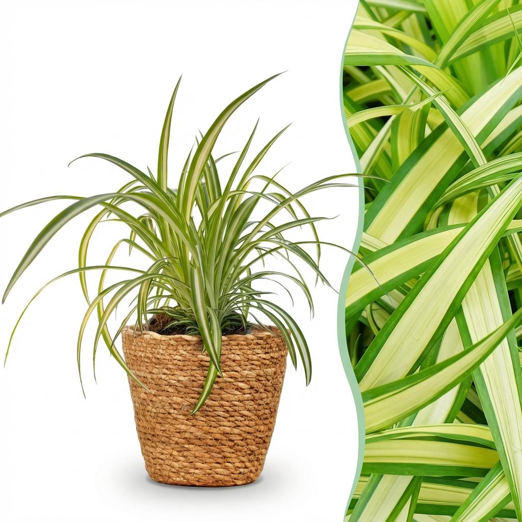 Green boutiQ - Zimmerpflanze - Chlorophytum comosum Variegatum - Bunte Graslilie - Haustierfreundliche Pflanze - Grün - 1 Pflanze - mit Korb - Topf 12cm - Höhe 20cm 