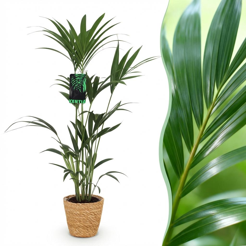 Green boutiQ - Zimmerpflanze - Howea Forsteriana - Kentia-Palme - Wenig Pflege - Grün - 1 Pflanze - mit Korb - Topf 21cm - Höhe 120-130cm 