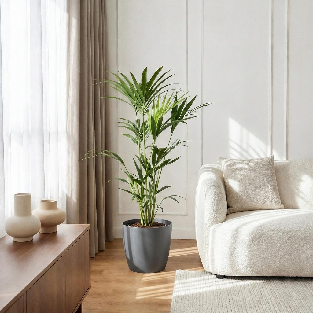 Green boutiQ - Zimmerpflanze - Howea Forsteriana - Kentia-Palme - Wenig Pflege - Grün - 1 Pflanze - mit Potter Grau - Topf 21cm - Höhe 120-130cm 