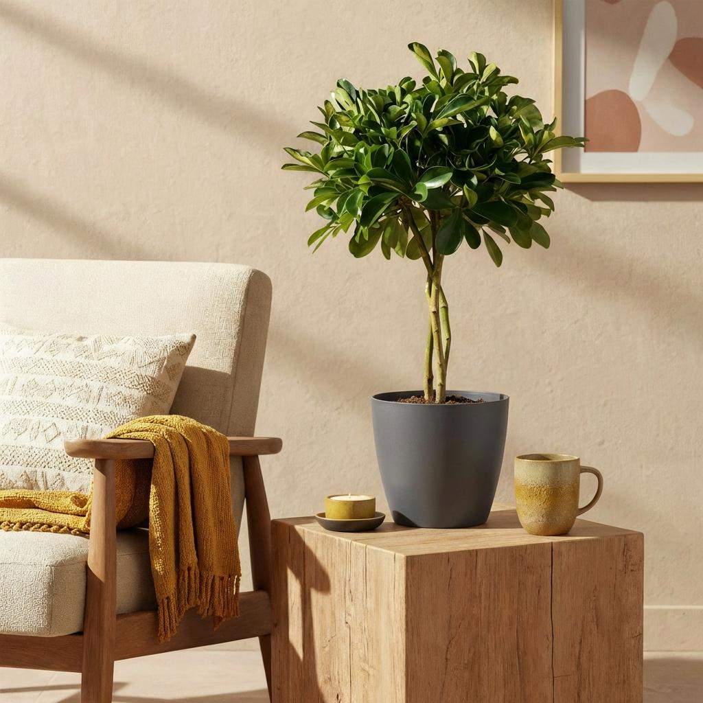 Green boutiQ - Zimmerpflanzen - Schefflera Gold Capelle - Fingerbaum - Wenig Pflege - Grün - Gold - 1 Pflanze - mit Potter Grau - Topf 21cm - Höhe 70-81cm 