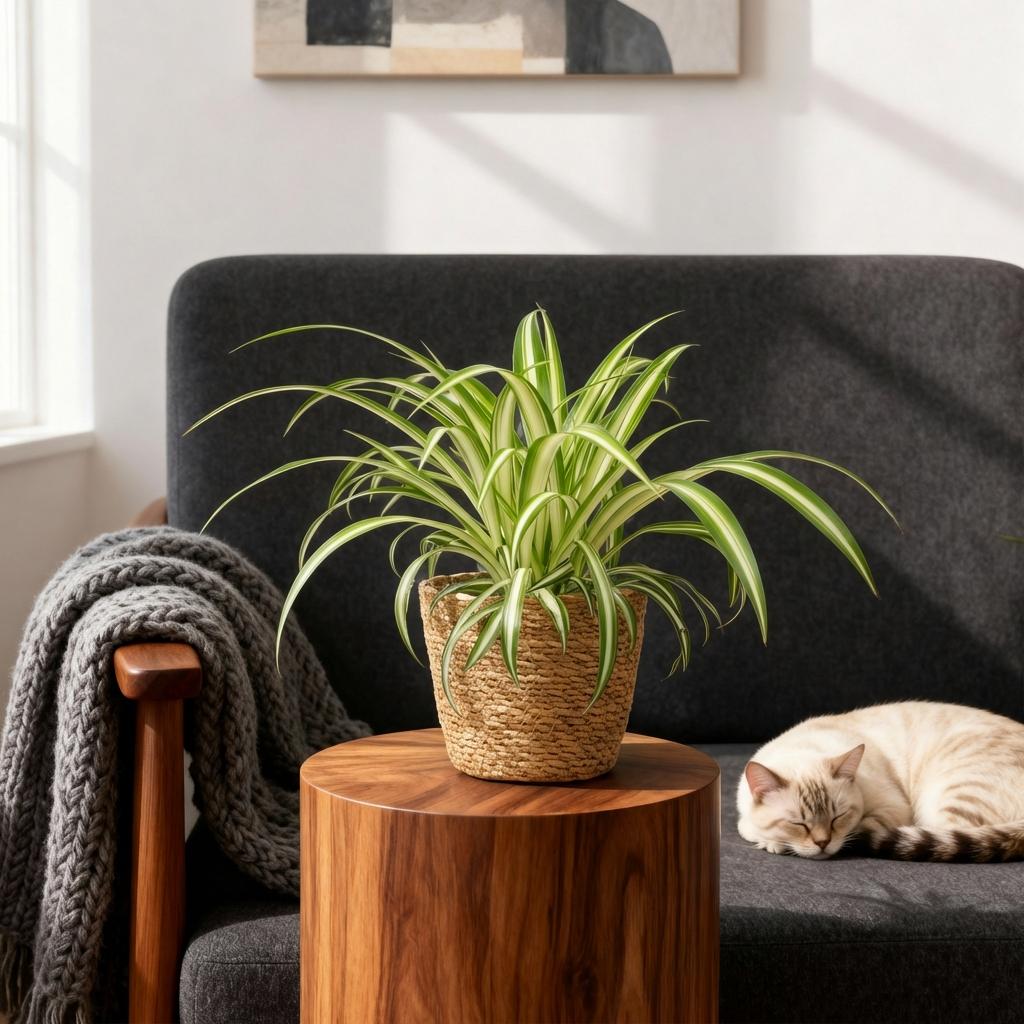 Green boutiQ - Zimmerpflanze - Chlorophytum comosum Variegatum - Bunte Graslilie - Haustierfreundliche Pflanze - Grün - 1 Pflanze - mit Korb - Topf 12cm - Höhe 20cm 