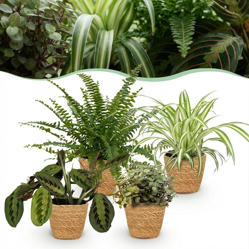 Green boutiQ - Zimmerpflanze - Chlorophytum - Maranta - Calissia - Nephrolepsis - Mix aus 4 - Haustierfreundliche Pflanzen - Grün - 4 Pflanzen - mit Korb - Topf 12cm - Höhe 25cm 