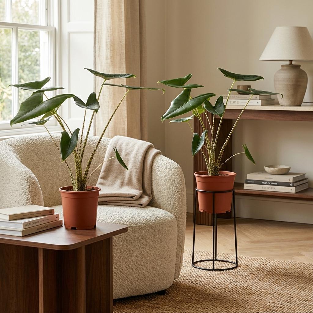 Alocasia Zebrina – 2 Pflanzen – Ø21cm – Höhe 70–75cm – Elefantenohr Zimmerpflanze – Dekorative Blätter mit Zebra-Stielen – Exotische Wohnpflanze 