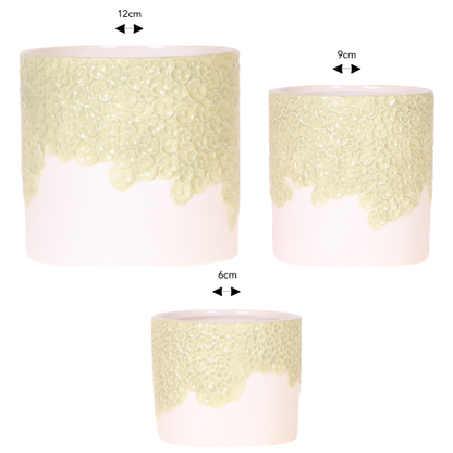 Bloom Green Übertopf Set 3er – Ø6cm Ø9cm Ø12cm – grüne Keramik Übertöpfe mit strukturiertem Relief – Dekotöpfe für Orchideen & Zimmerpflanzen – natürlicher Look für Fensterbank & Regal 