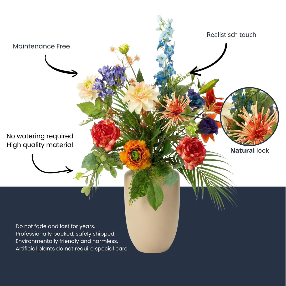 Kunstbloemen Boeket “Colorful Bloom Deluxe” – Real Touch – 70 cm – 18 Stelen 